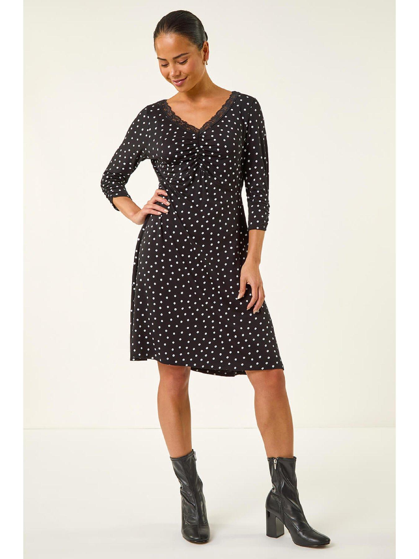 Roman Petite Polka Dot Lace Trim Dress