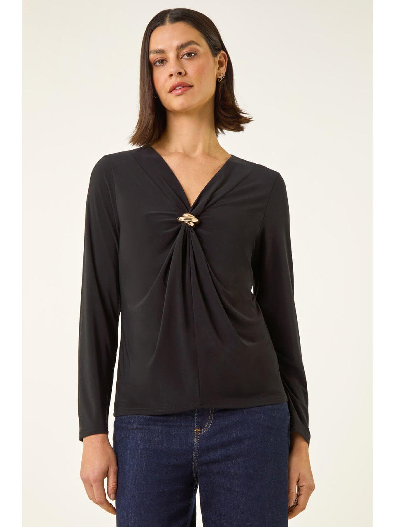 Roman V-neck Metal Trim Stretch Top