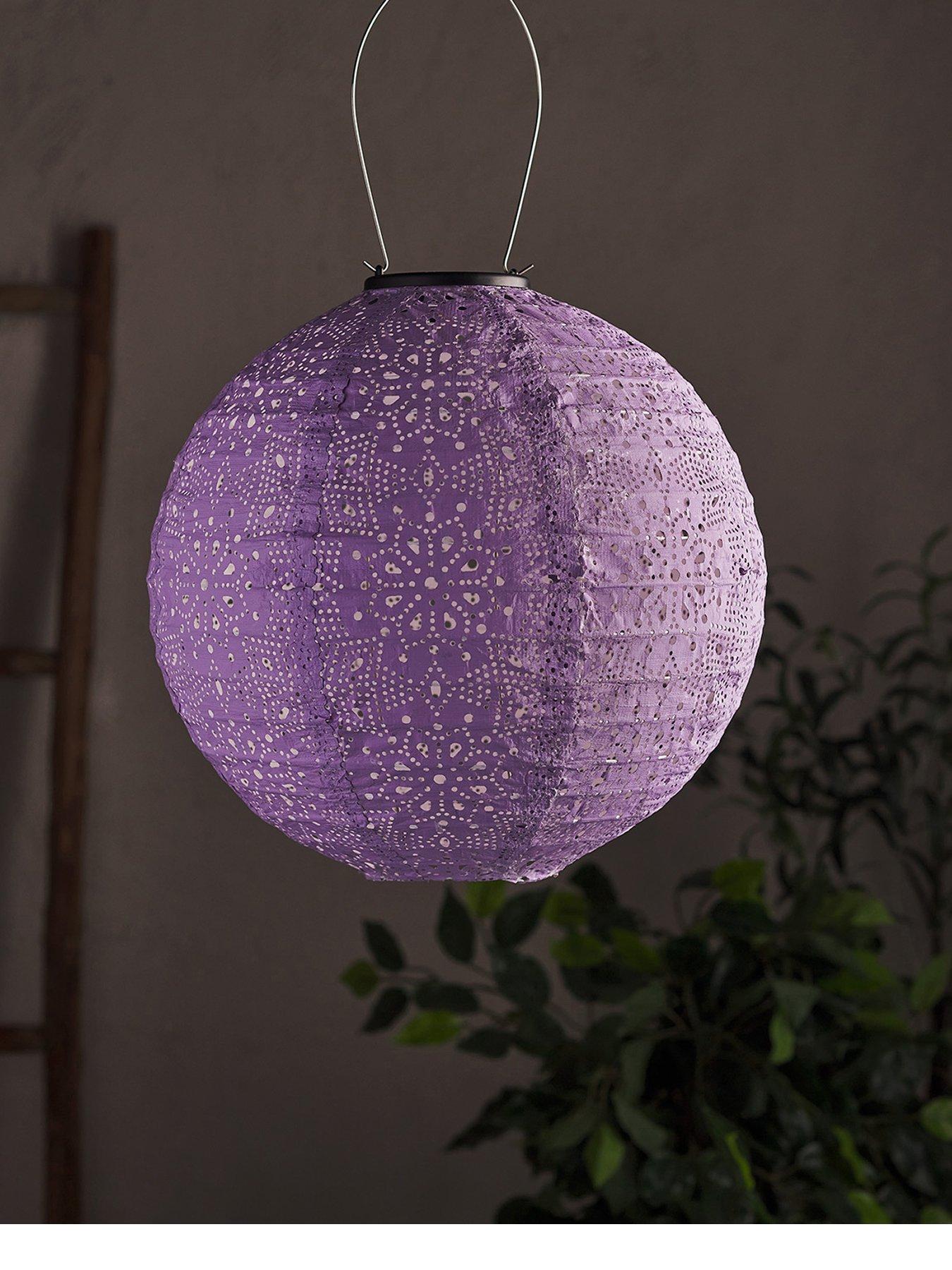 stillFront image of lights4fun-tyvek-purple-moroccan-hanging-solar-lantern