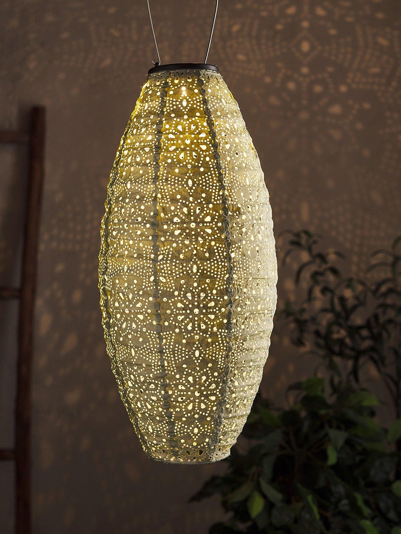front image of lights4fun-tyvek-green-moroccan-hanging-solar-lantern