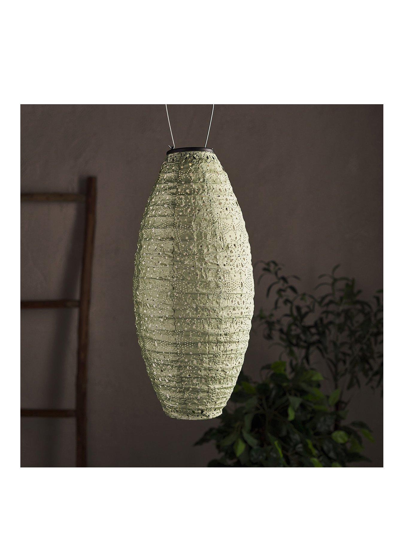 stillFront image of lights4fun-tyvek-green-moroccan-hanging-solar-lantern