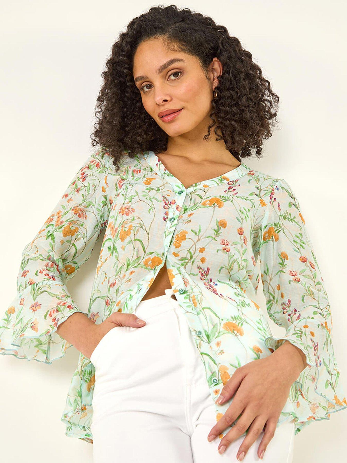 front image of roman-floral-flare-sleeve-buttoned-blouse