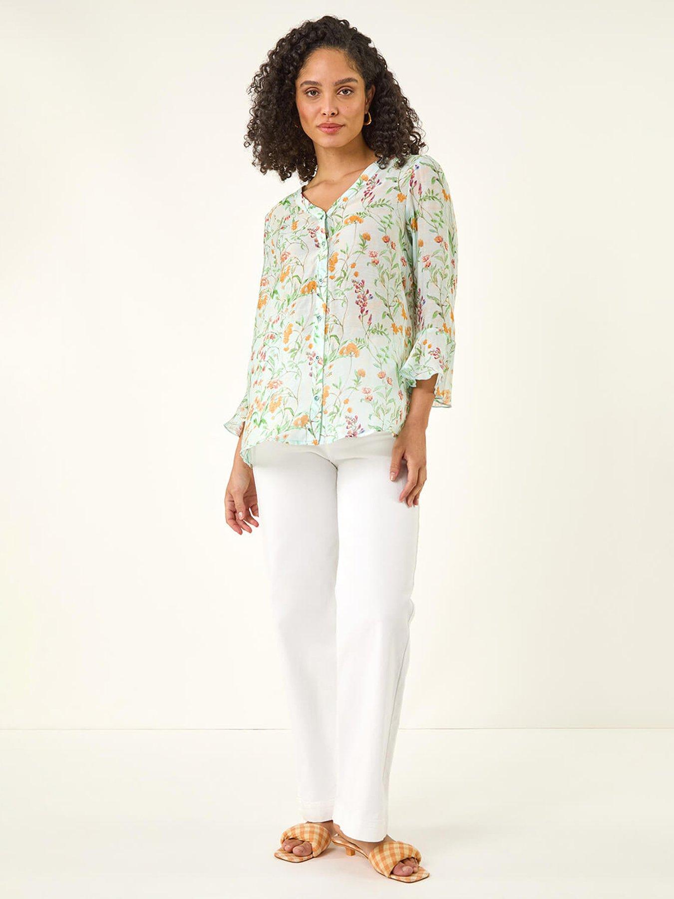  image of roman-floral-flare-sleeve-buttoned-blouse
