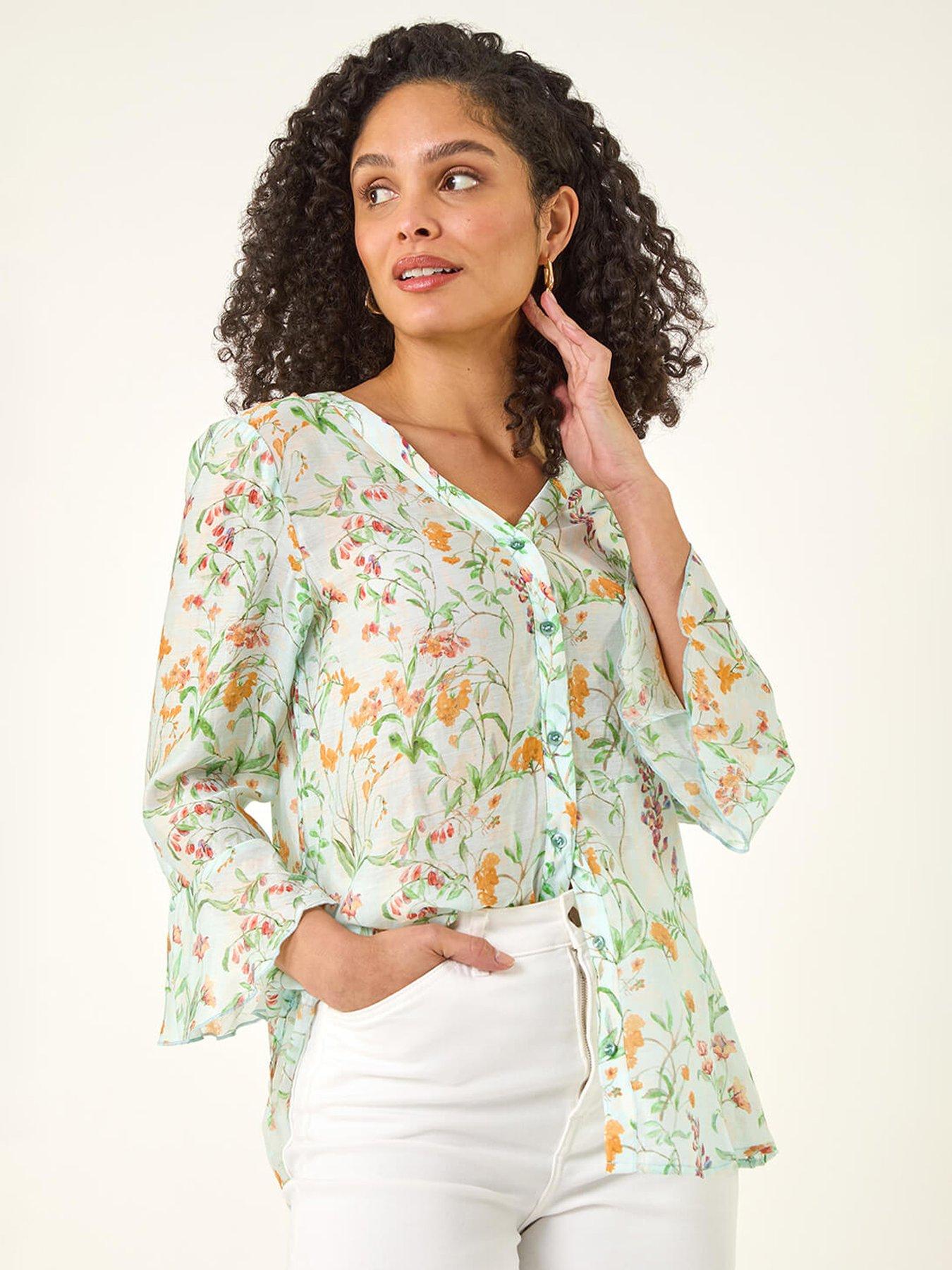  image of roman-floral-flare-sleeve-buttoned-blouse
