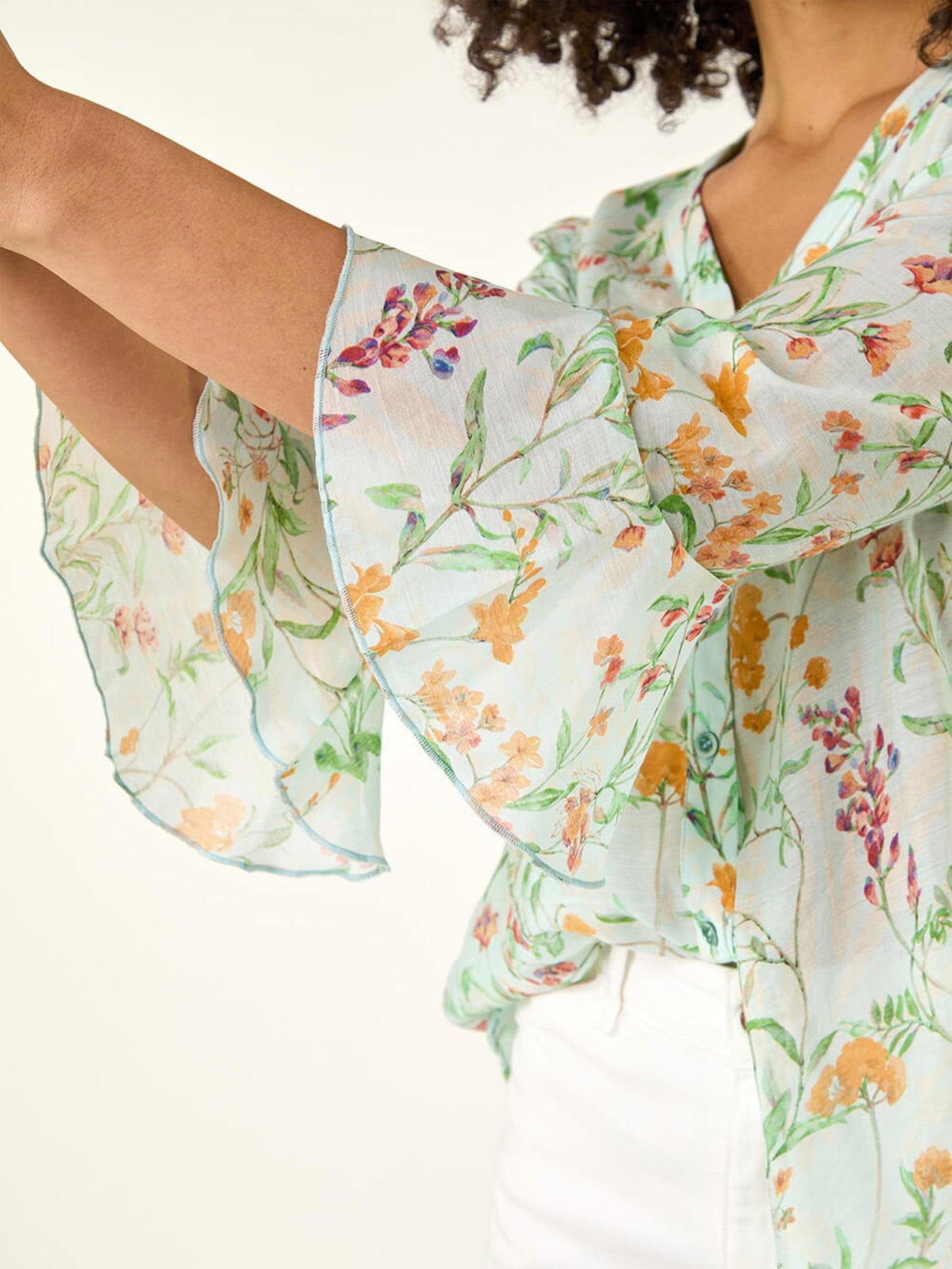  image of roman-floral-flare-sleeve-buttoned-blouse