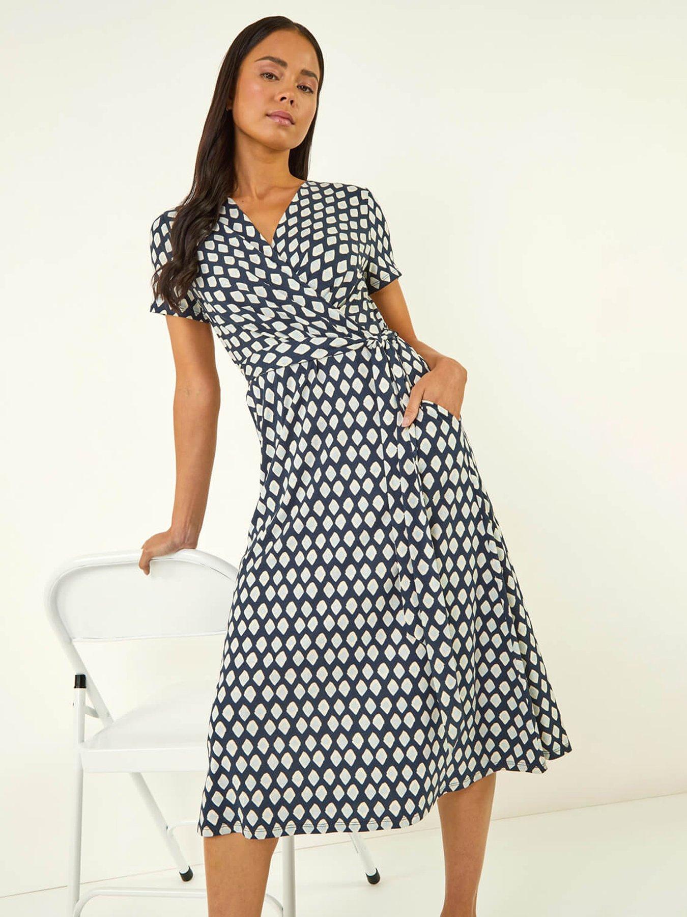 Roman Petite Geometric Tie Waist Wrap Dress