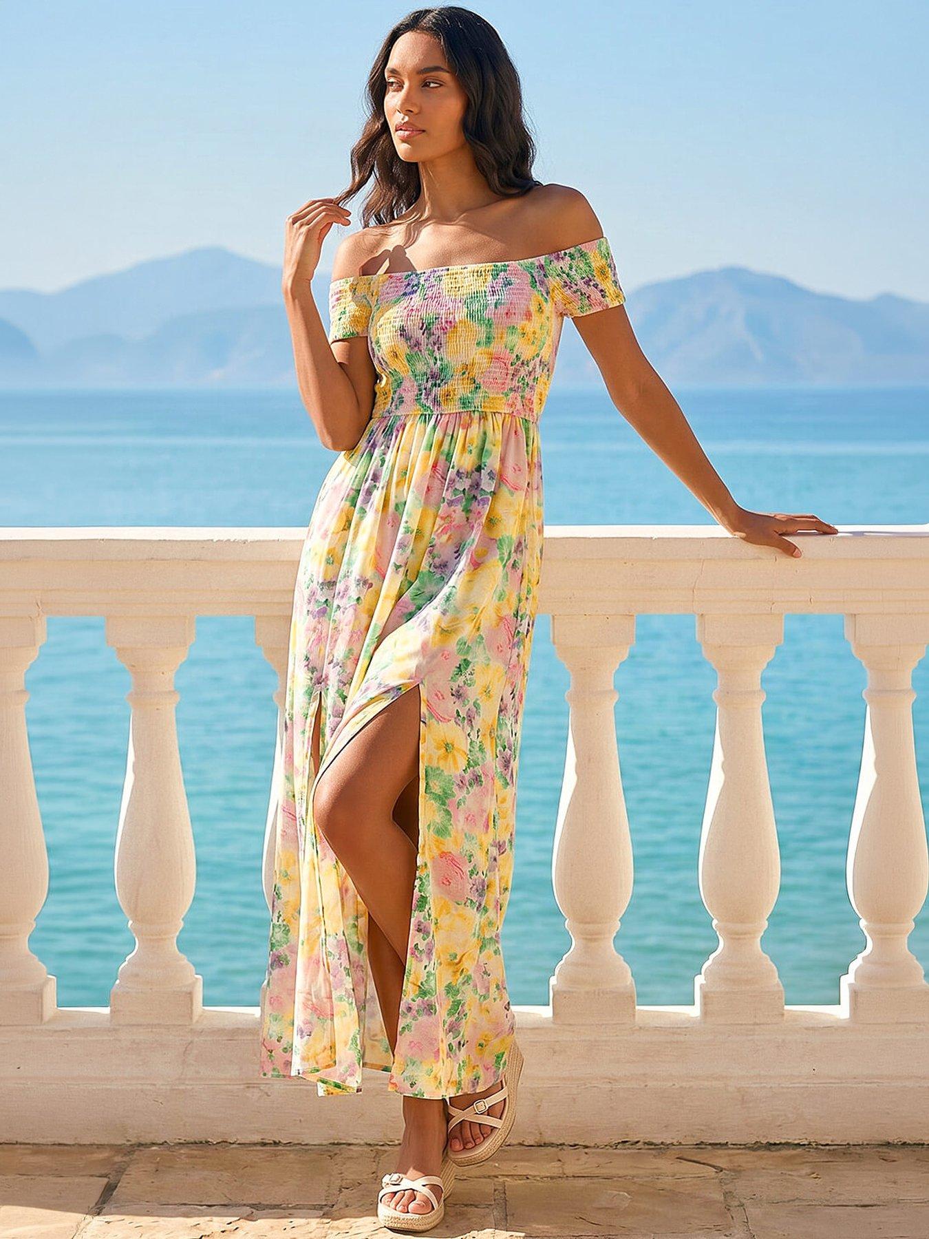 Roman Floral Print Bardot Shirred Midi Dress