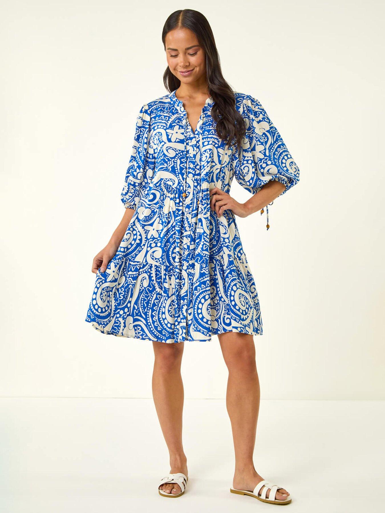 Image 1 of 5 of Roman Petite Print Button Smock Dress
