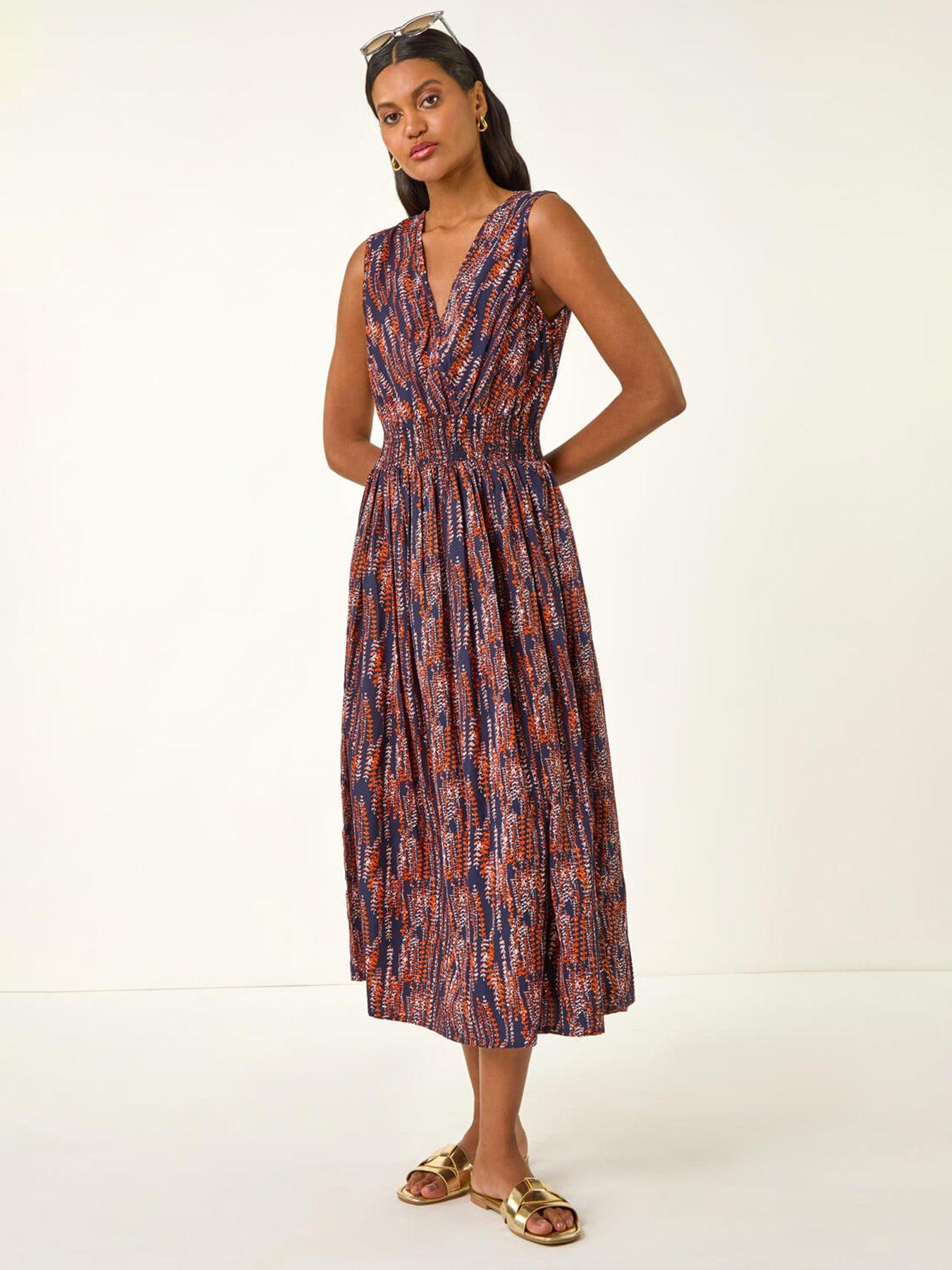 front image of roman-leaf-print-wrap-midi-dress