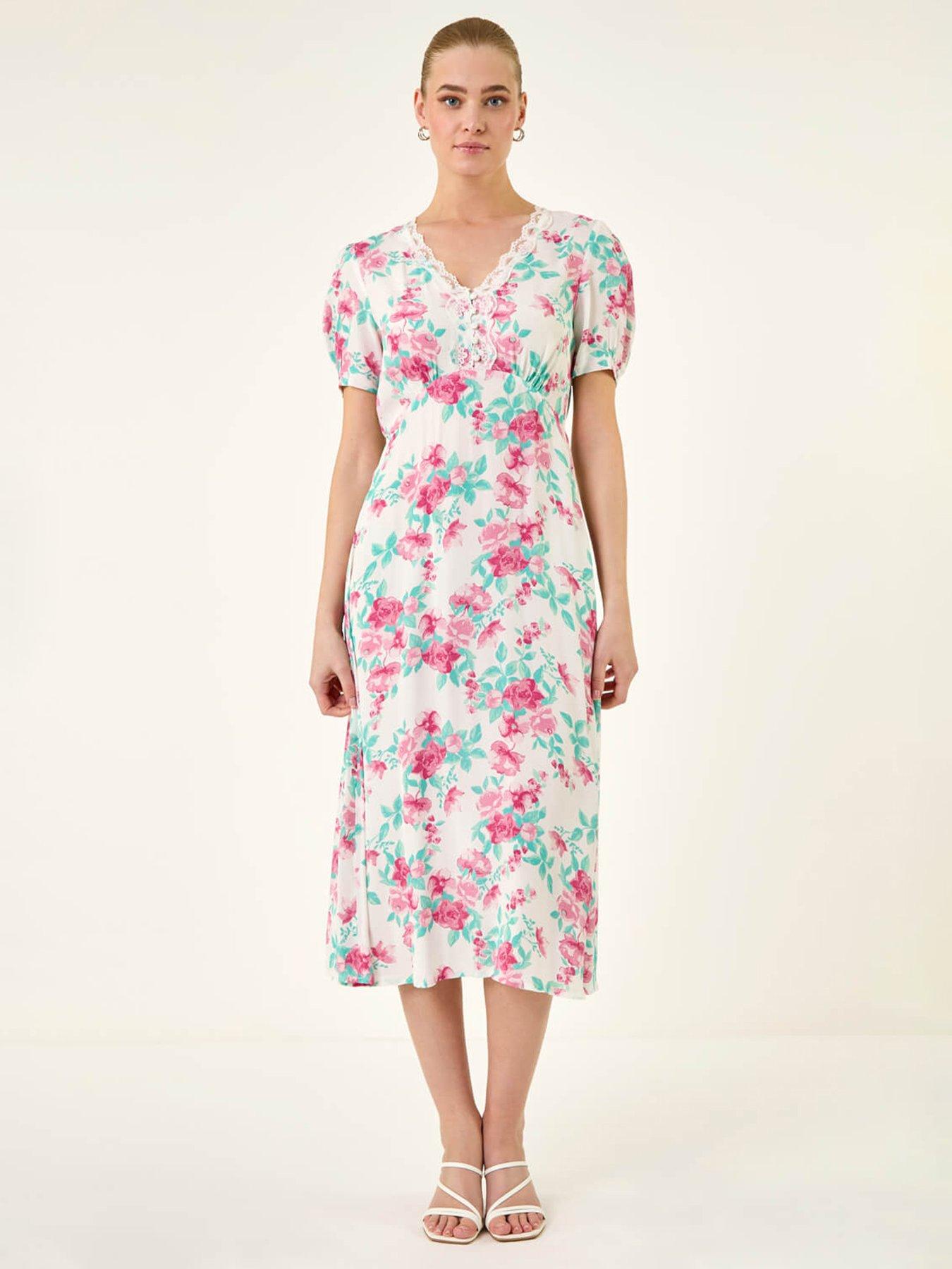 Roman Floral Lace Trim Midi Dress