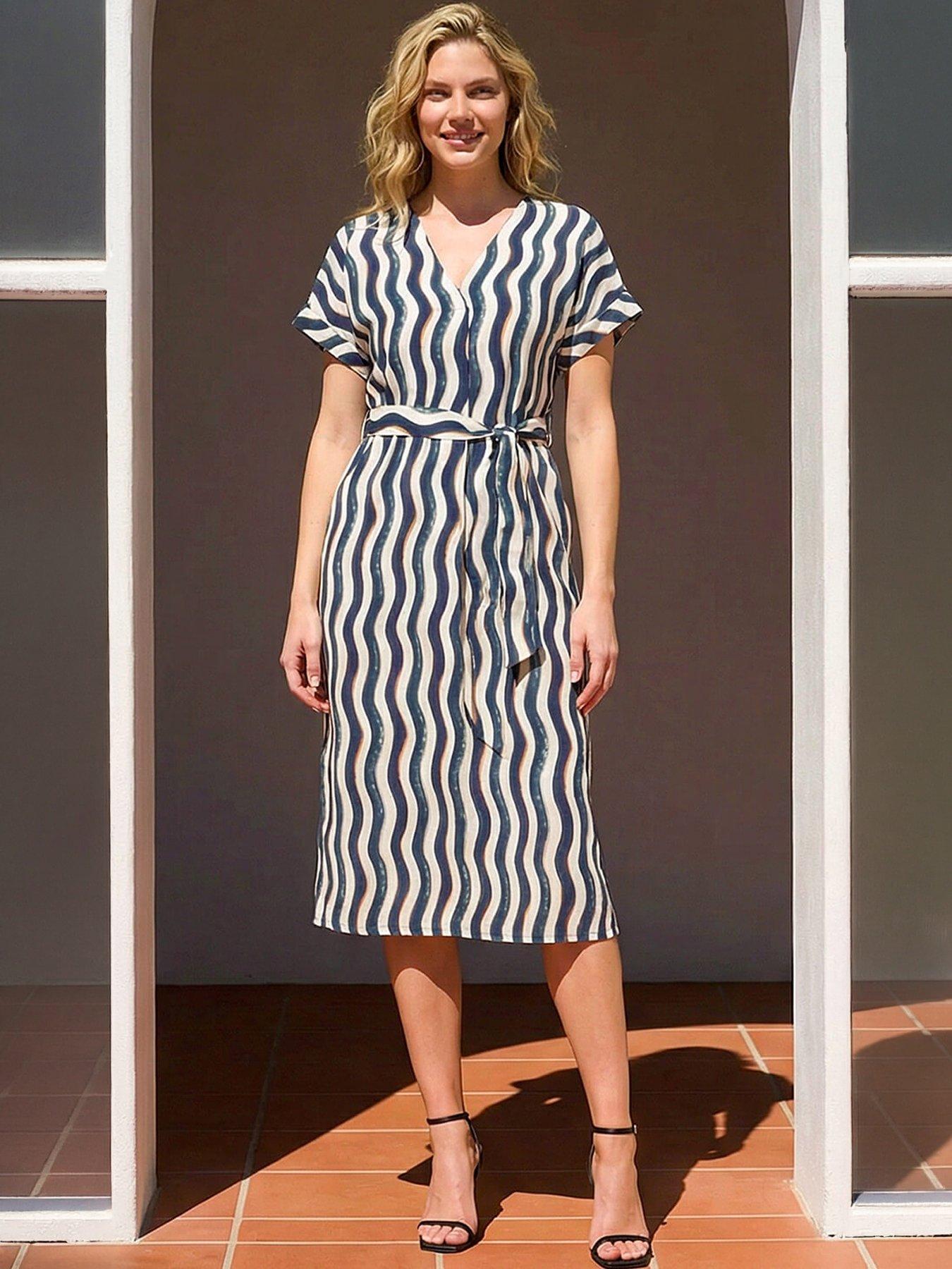 Image 1 of 5 of Roman Wave Print Belted Midi Dress