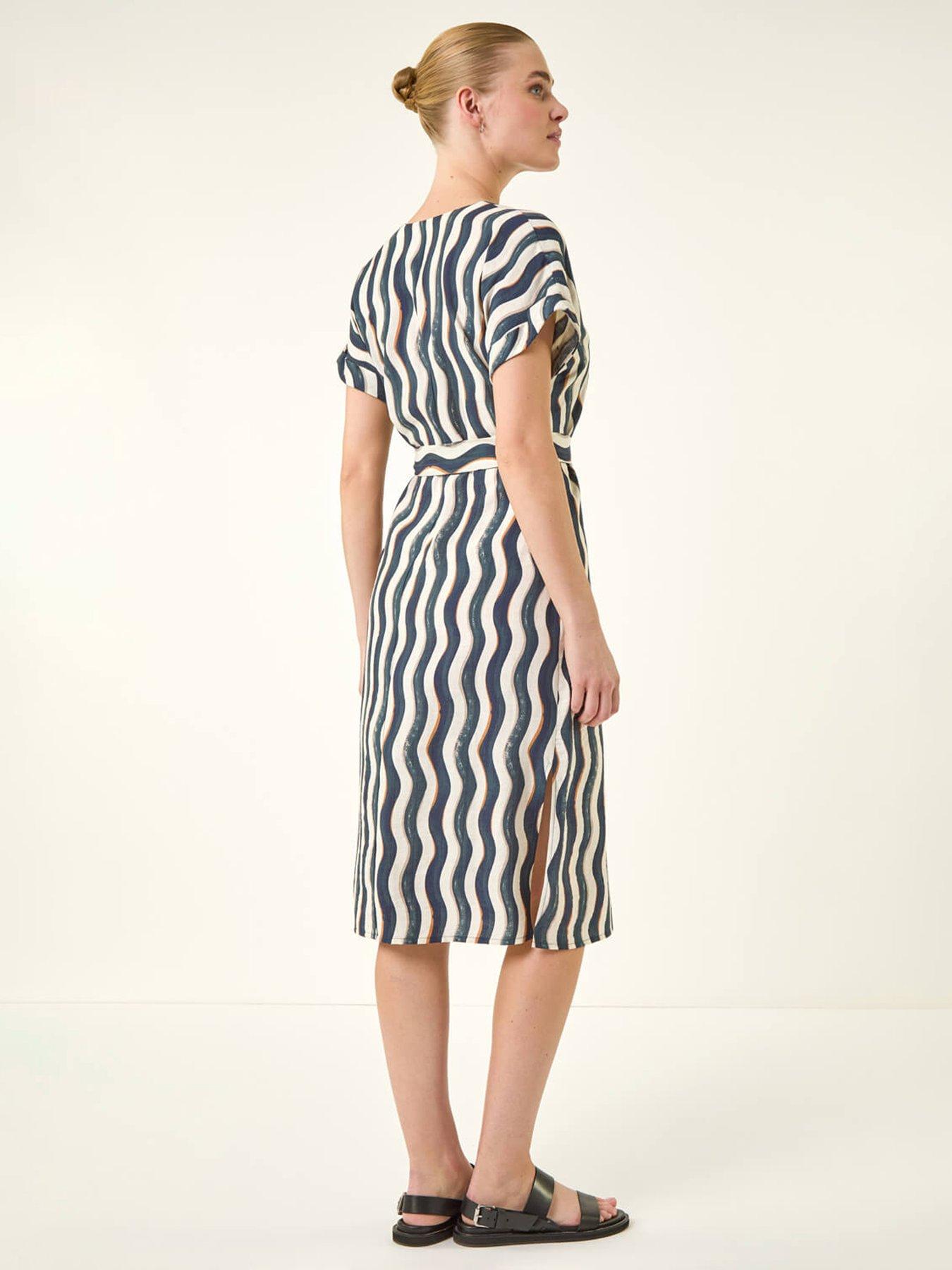 Image 2 of 5 of Roman Wave Print Belted Midi Dress