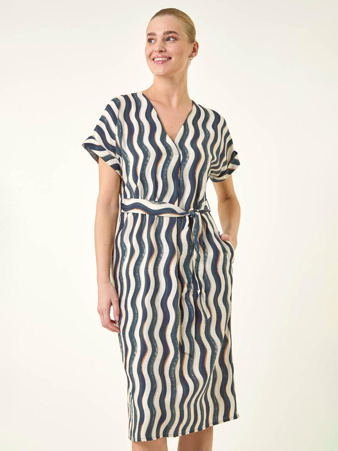 Image 3 of 5 of Roman Wave Print Belted Midi Dress