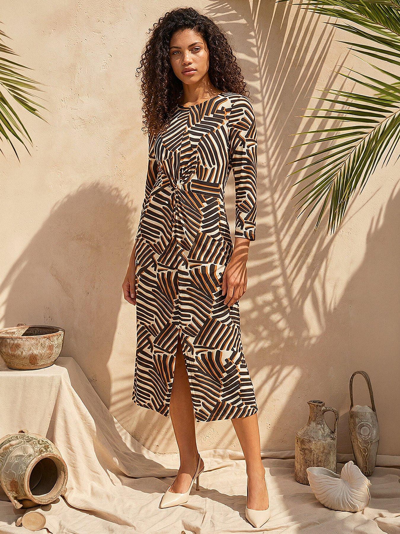 Image 1 of 5 of Roman Petite Abstract Print Knot Front Dress