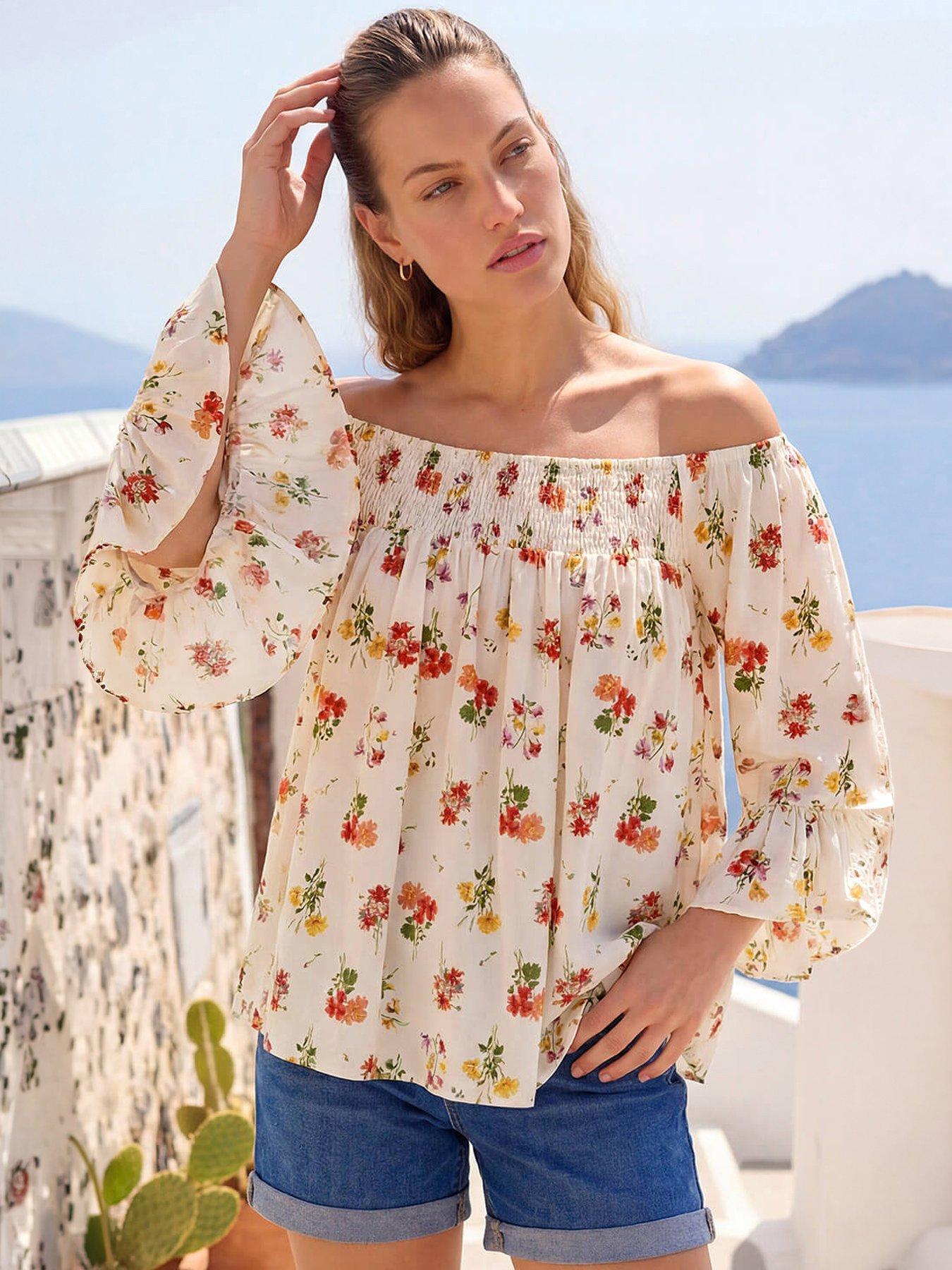 Image 1 of 5 of Roman Floral Print Bardot Top