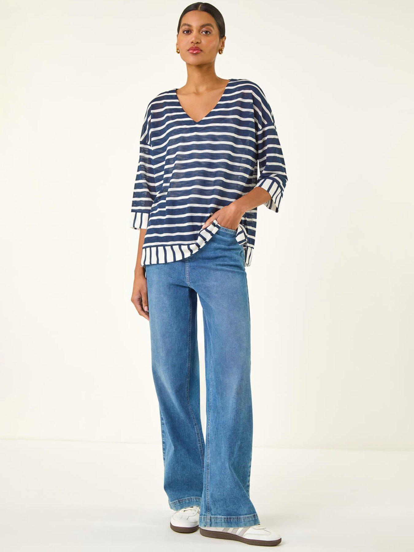 image of roman-stripe-print-v-neck-tunic-top