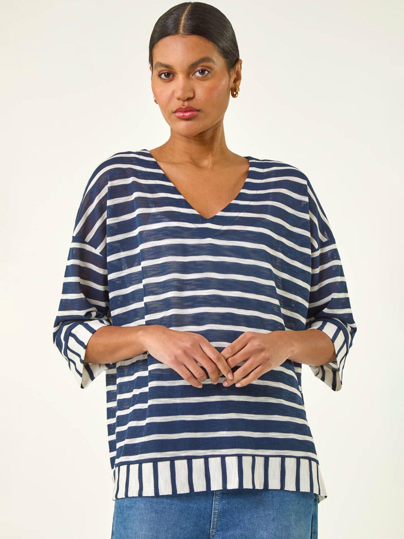  image of roman-stripe-print-v-neck-tunic-top