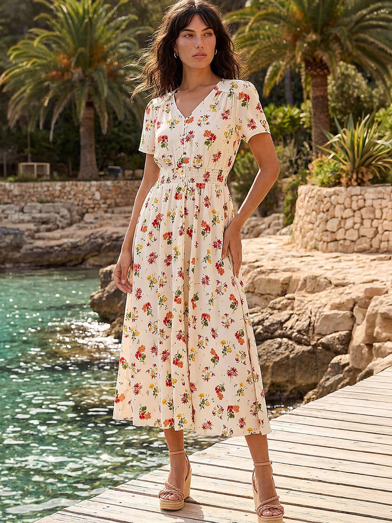 Roman Floral Print Buttoned Midi Dress