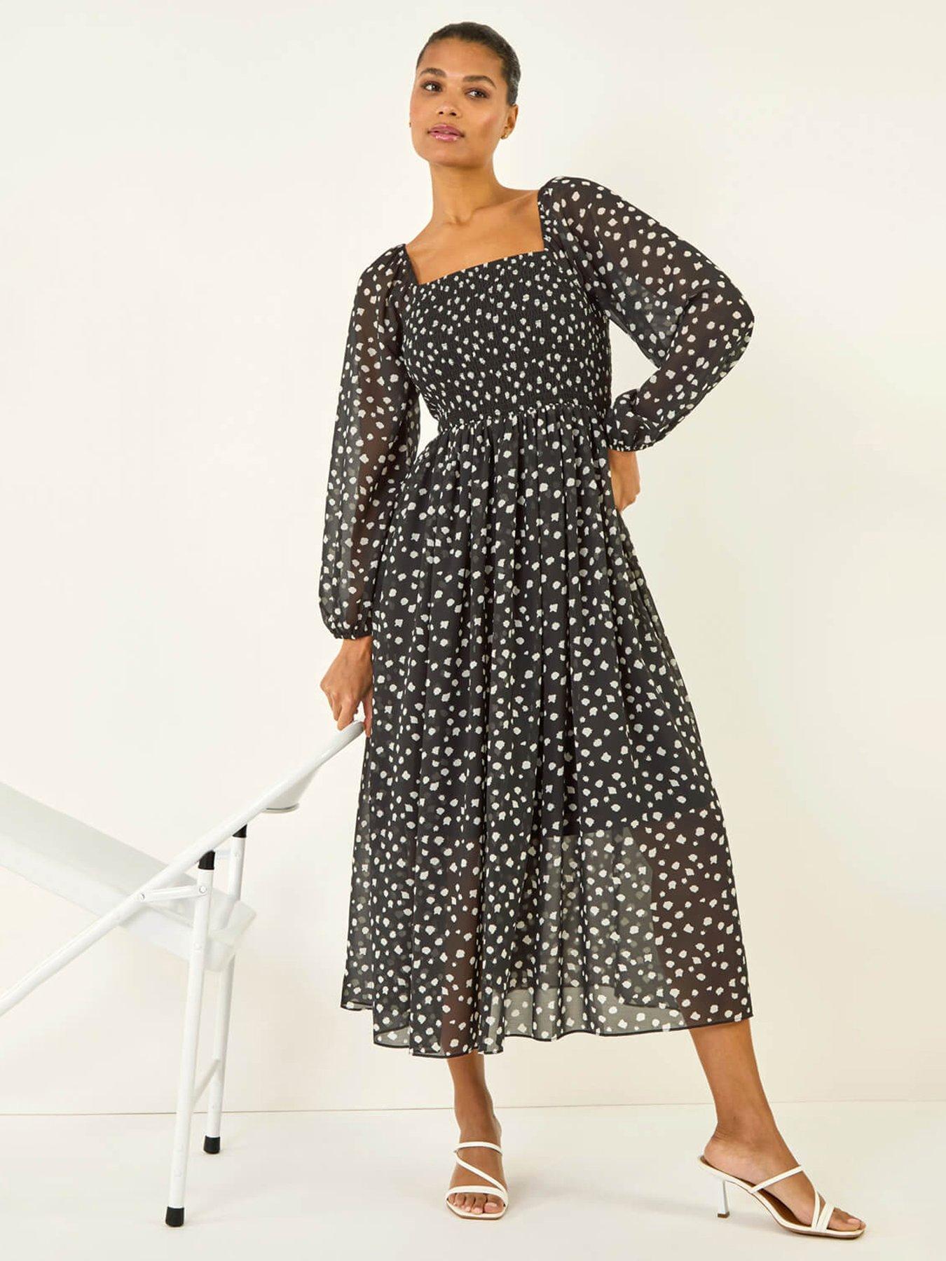 Roman Abstract Spot Shirred Midi Dress