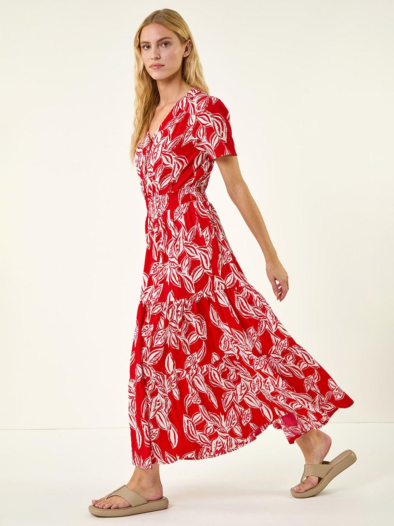 Image 1 of 5 of Roman Leaf Print Shirred Maxi Dress