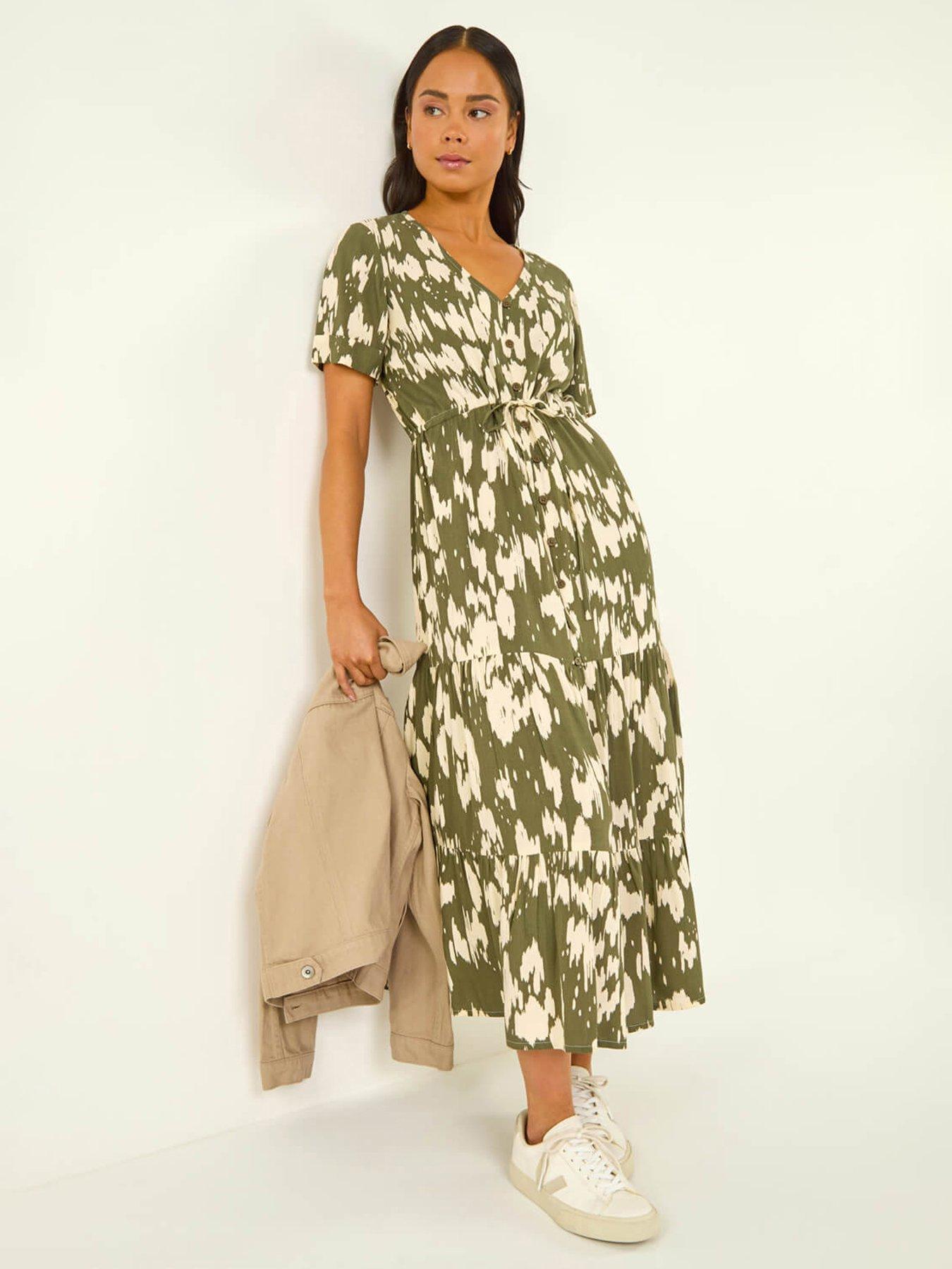 Image 1 of 5 of Roman Petite Abstract Print Tiered Midi Dress