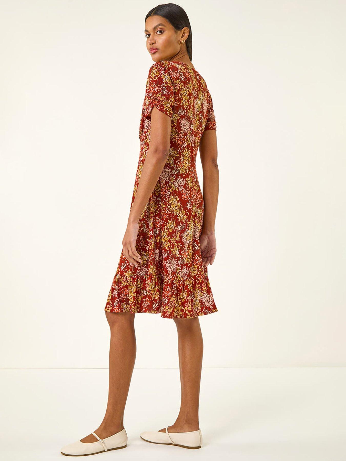  image of roman-floral-print-button-stretch-tea-dress