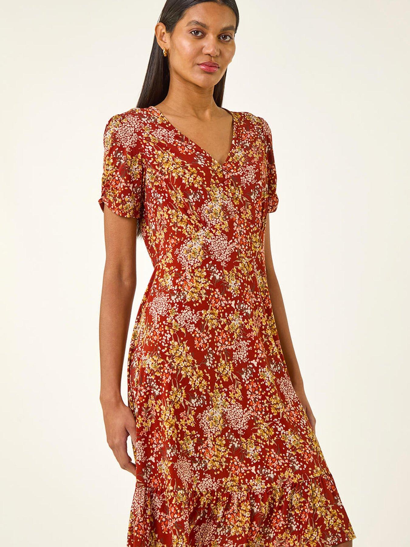  image of roman-floral-print-button-stretch-tea-dress