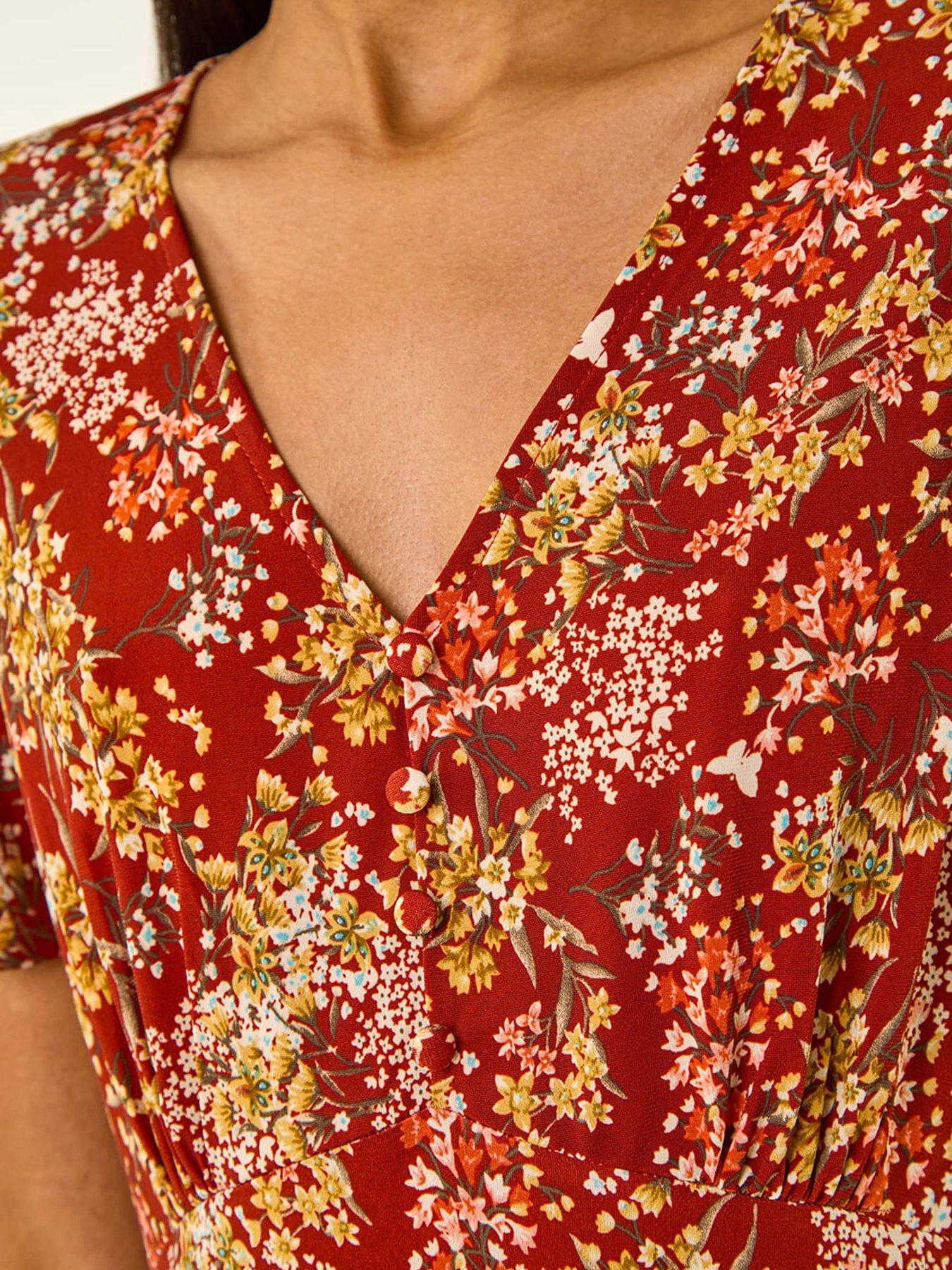  image of roman-floral-print-button-stretch-tea-dress