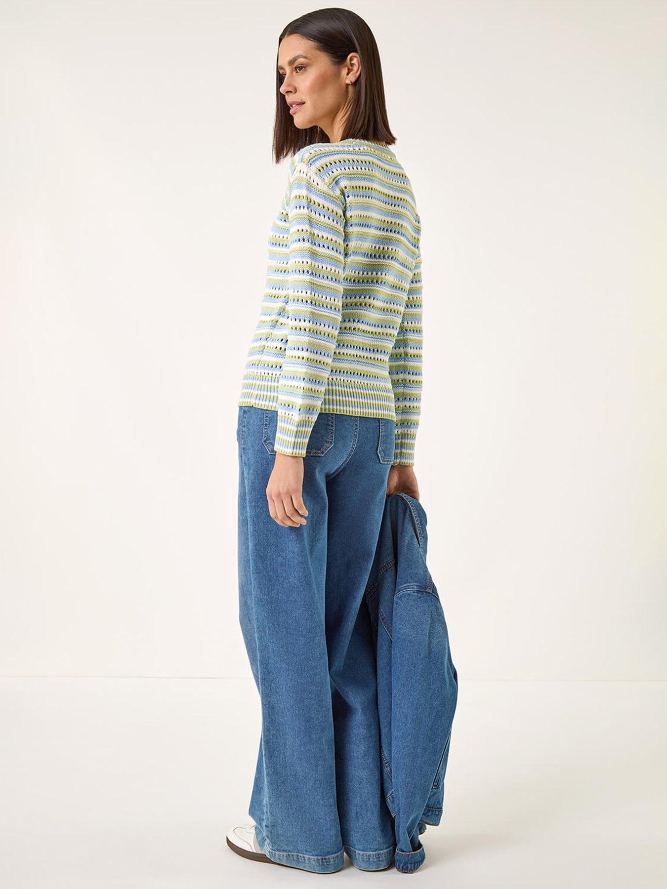 Image 2 of 5 of Roman Stripe Pointelle Crew Neck Knit