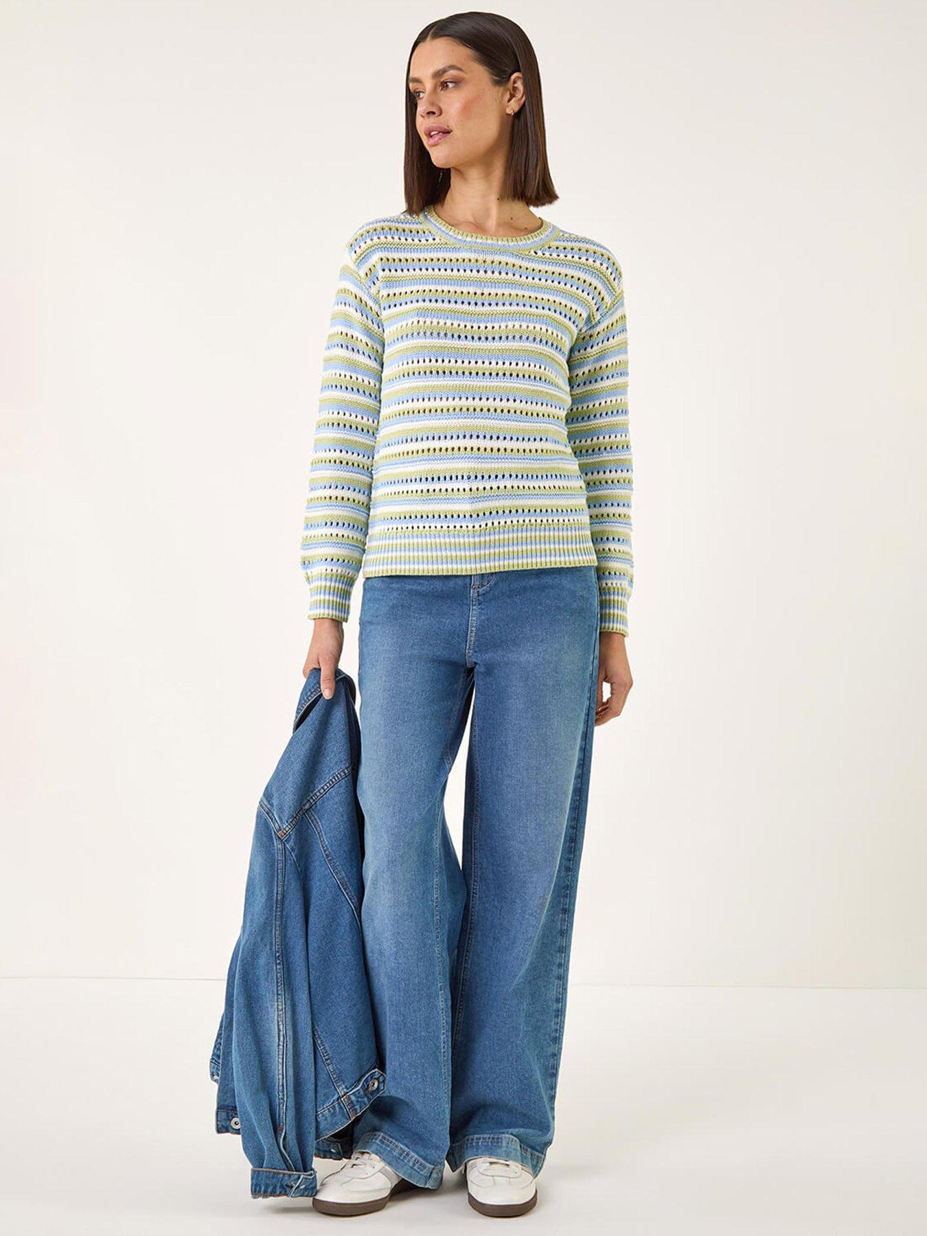 Image 3 of 5 of Roman Stripe Pointelle Crew Neck Knit