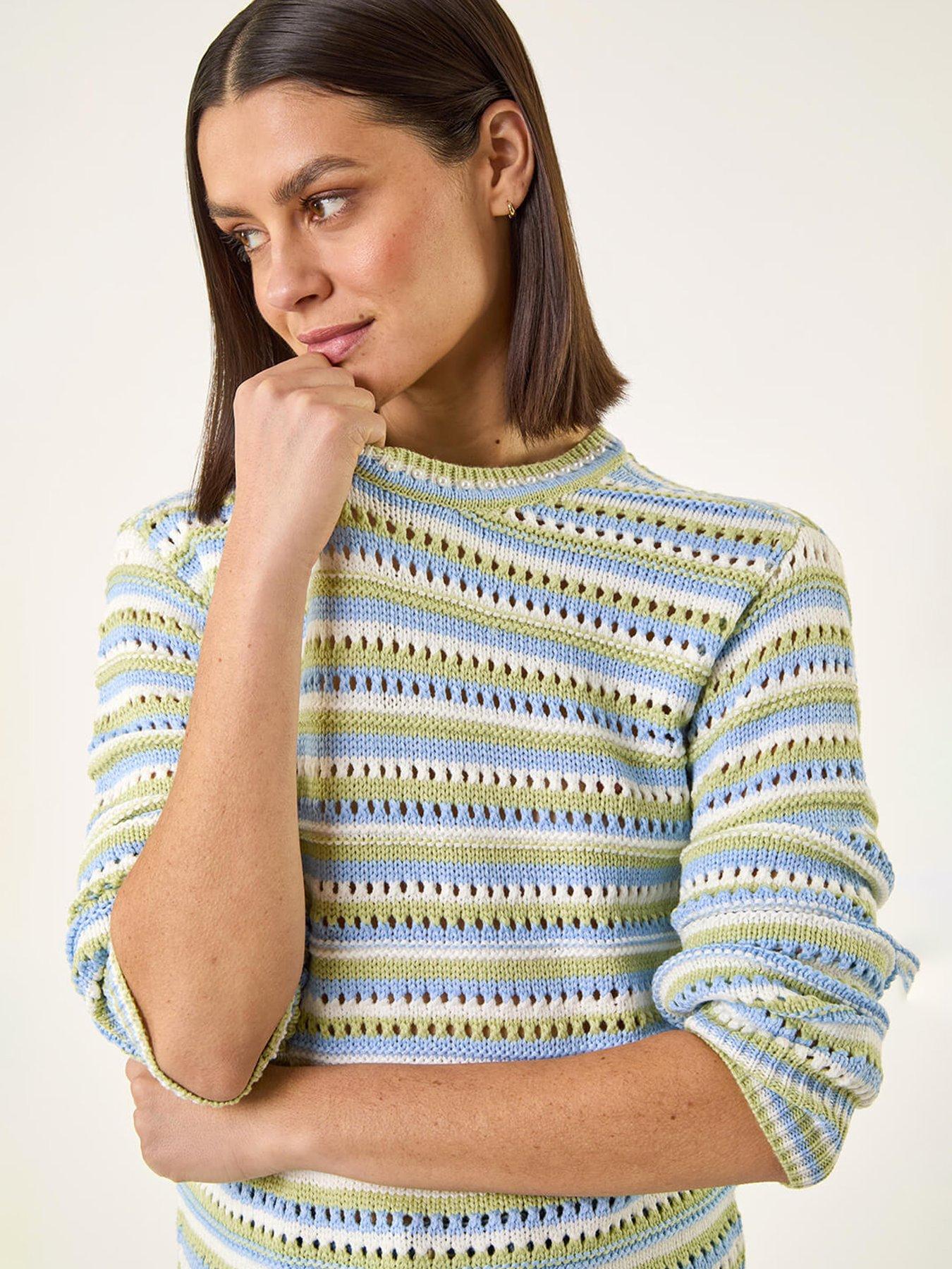 Image 4 of 5 of Roman Stripe Pointelle Crew Neck Knit