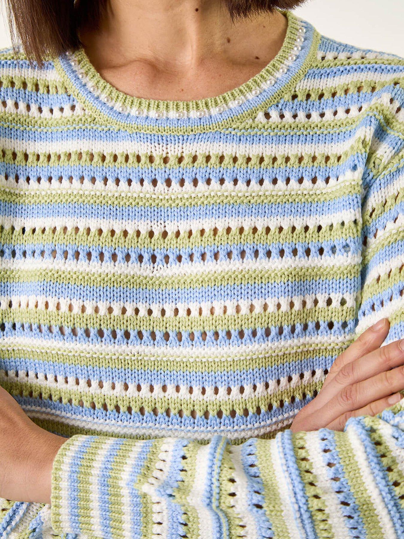 Image 5 of 5 of Roman Stripe Pointelle Crew Neck Knit