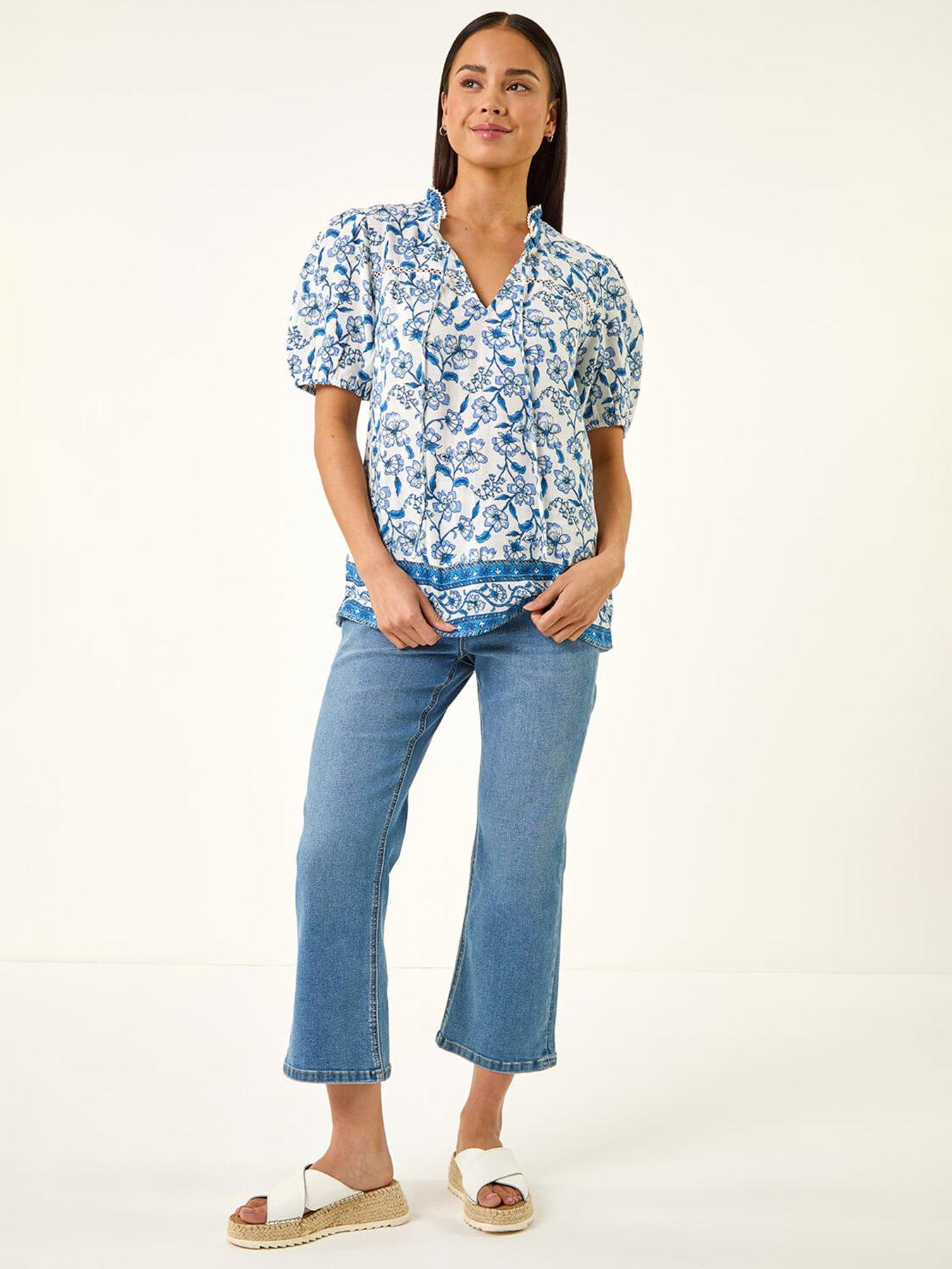  image of roman-petite-floral-border-v-neck-top