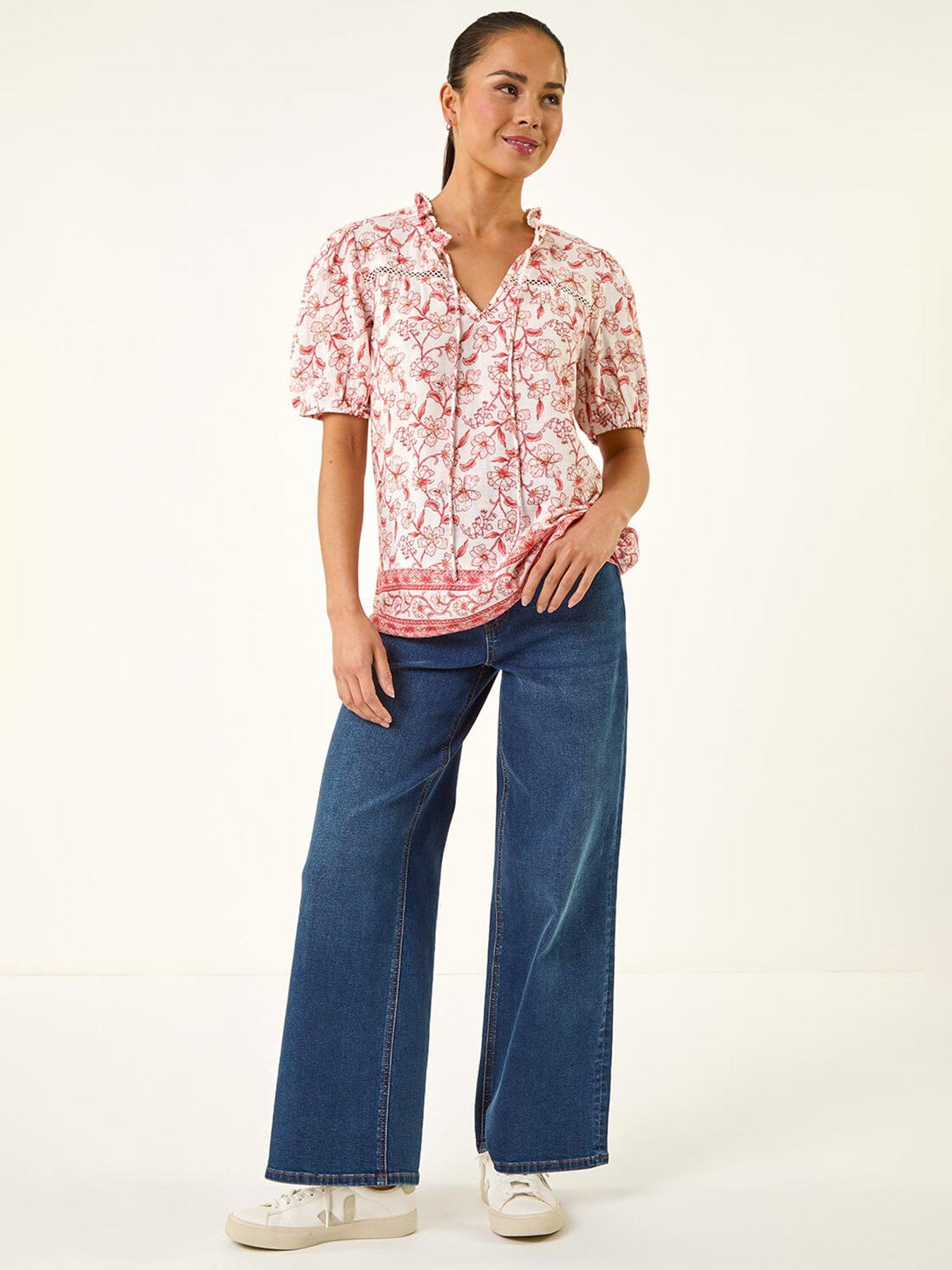  image of roman-petite-floral-border-v-neck-top