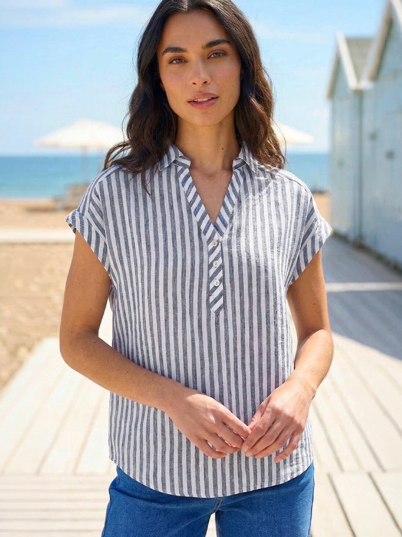 Image 1 of 5 of Roman Stripe Print Button Front Top