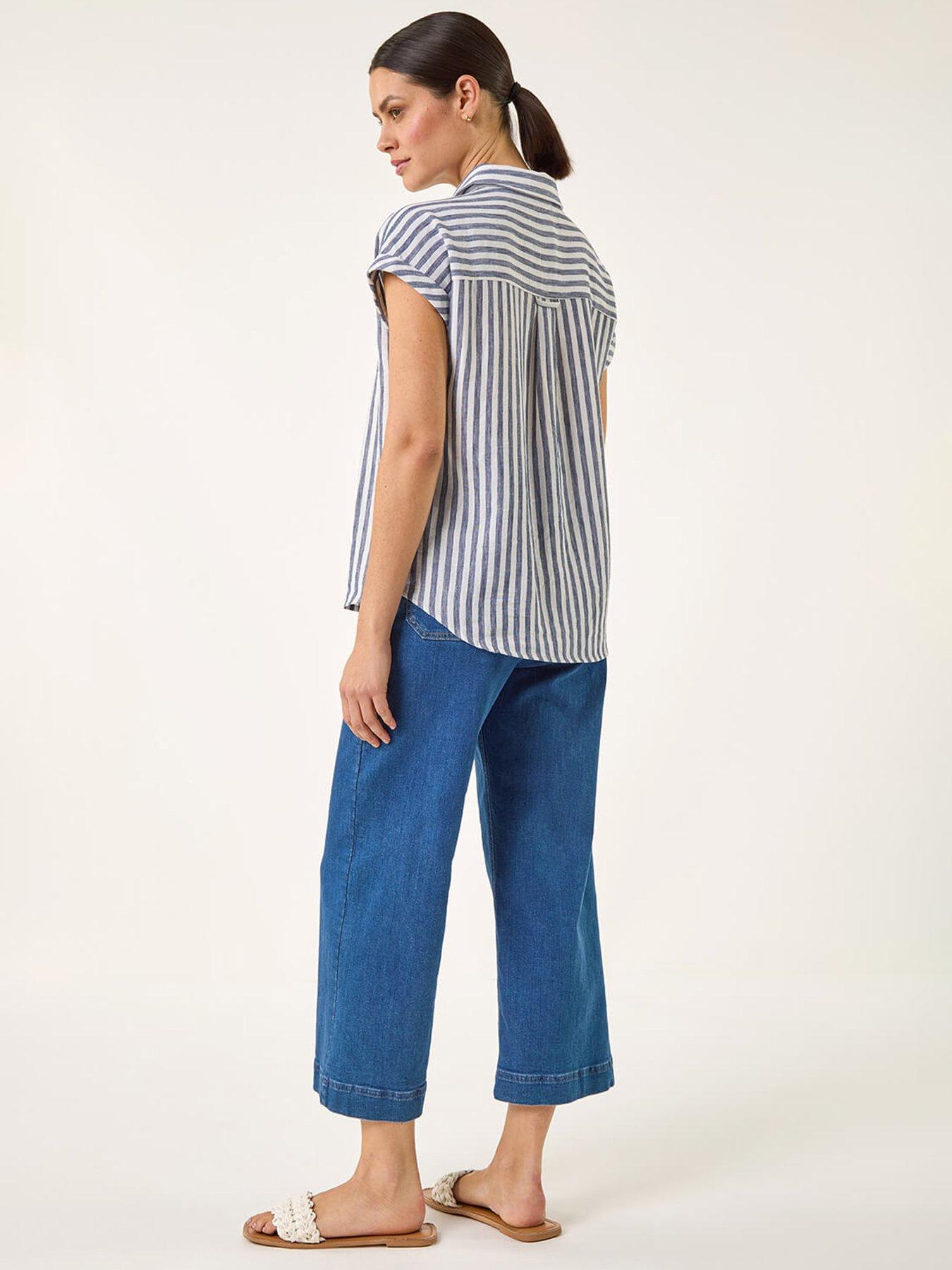 Image 2 of 5 of Roman Stripe Print Button Front Top