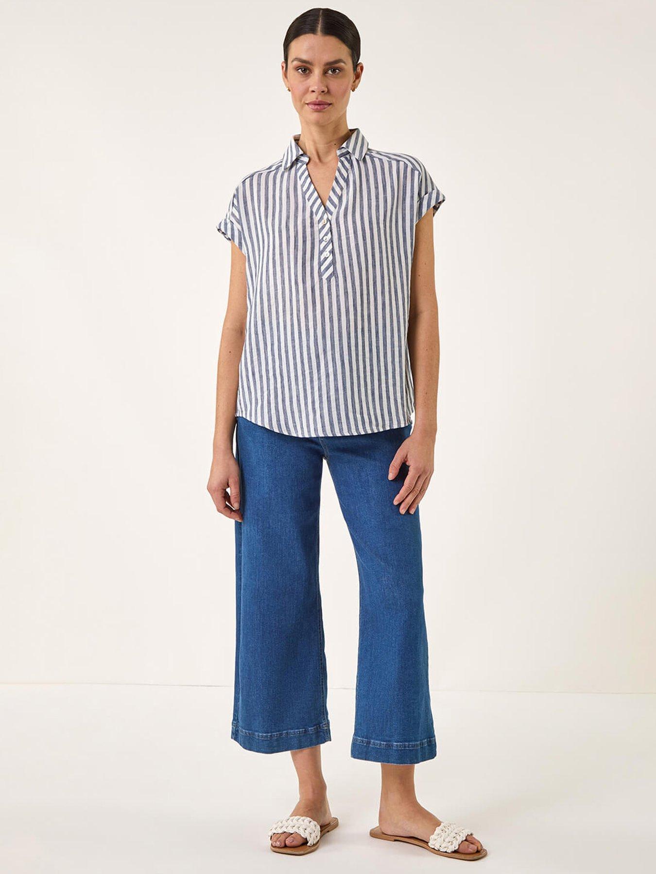 Image 3 of 5 of Roman Stripe Print Button Front Top