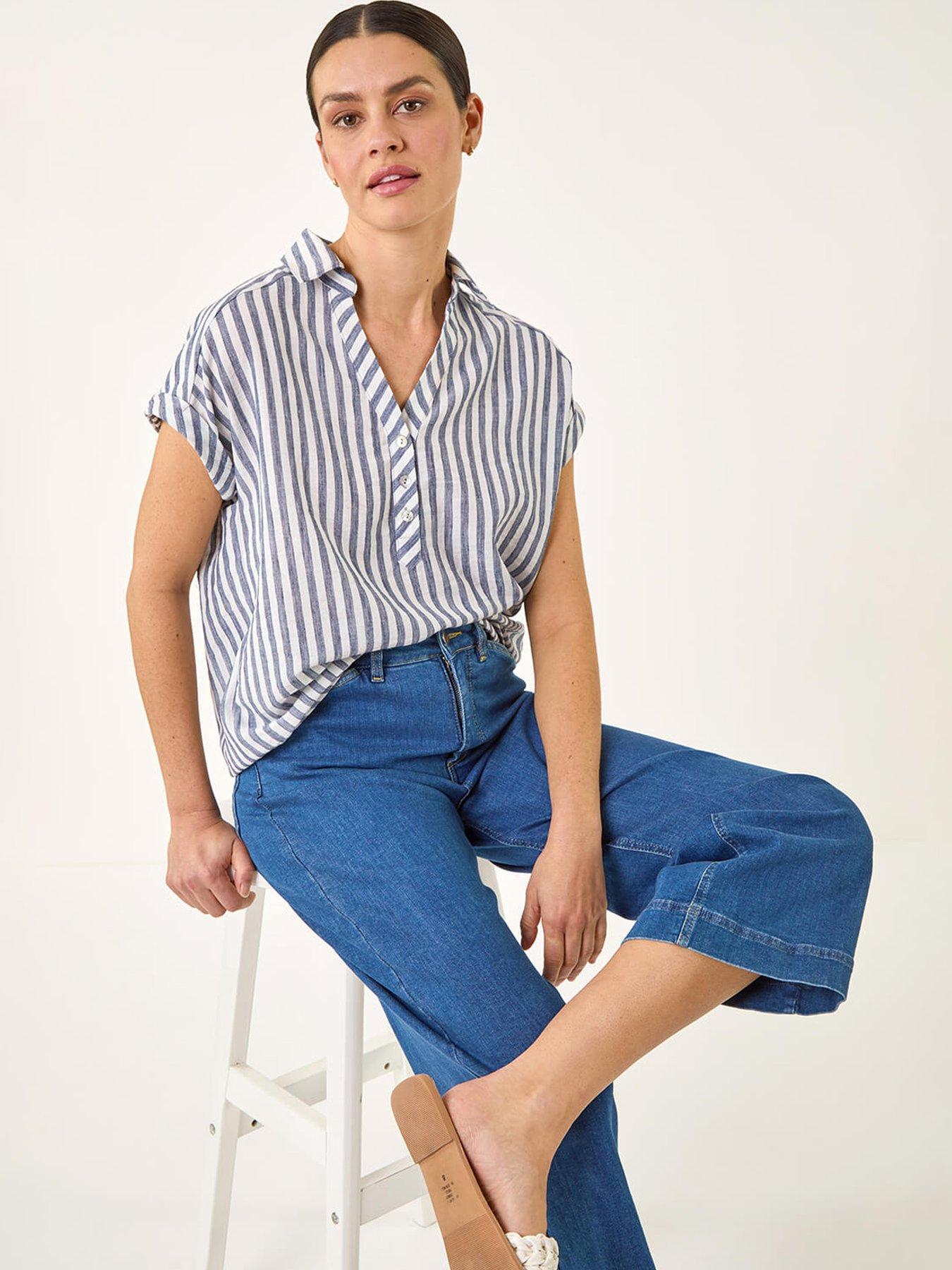 Image 4 of 5 of Roman Stripe Print Button Front Top