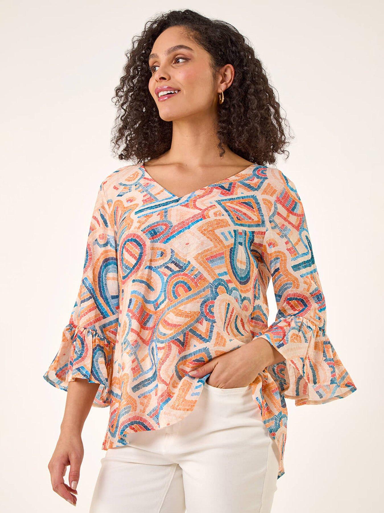 front image of roman-geometric-print-flute-sleeve-top