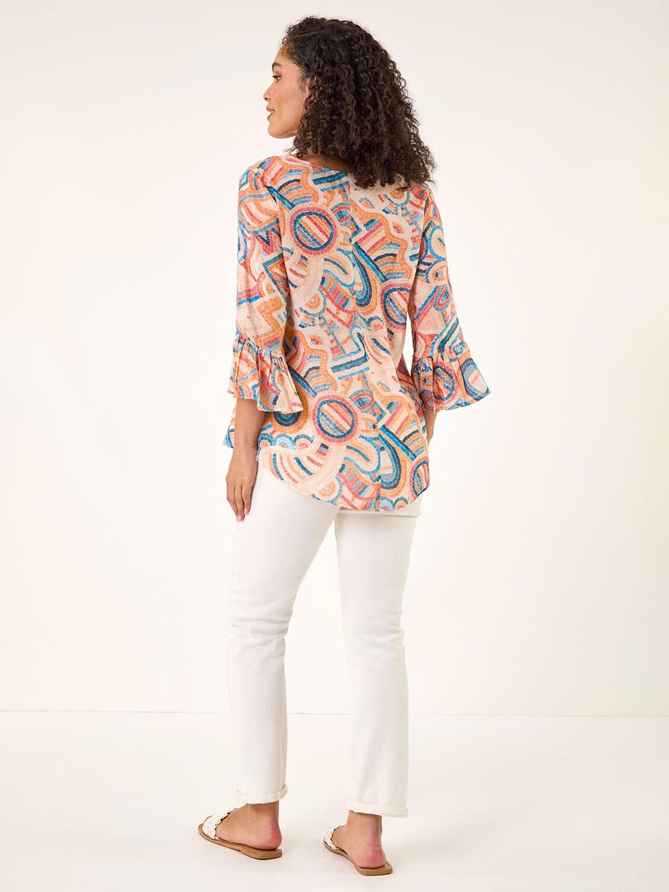 stillFront image of roman-geometric-print-flute-sleeve-top