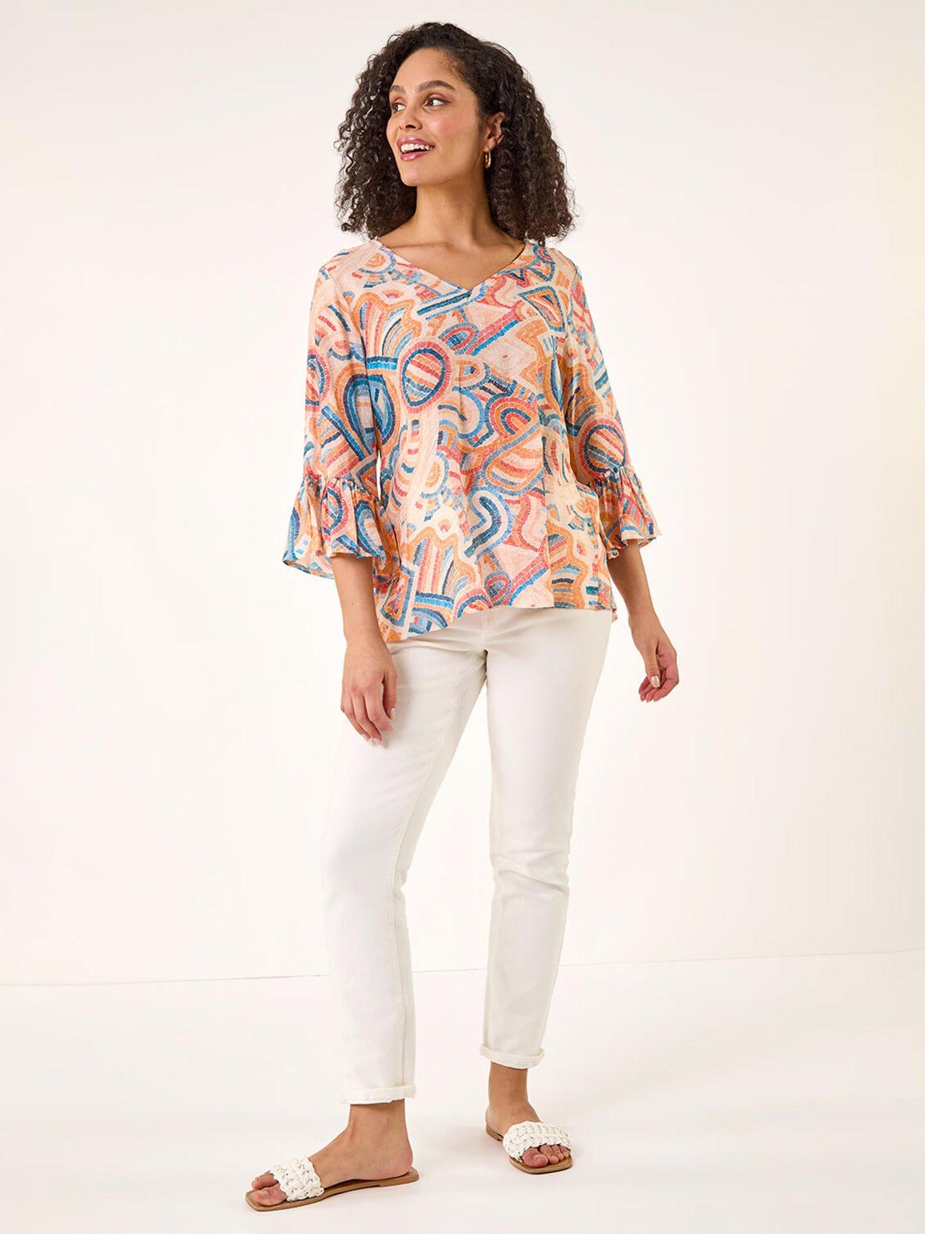  image of roman-geometric-print-flute-sleeve-top