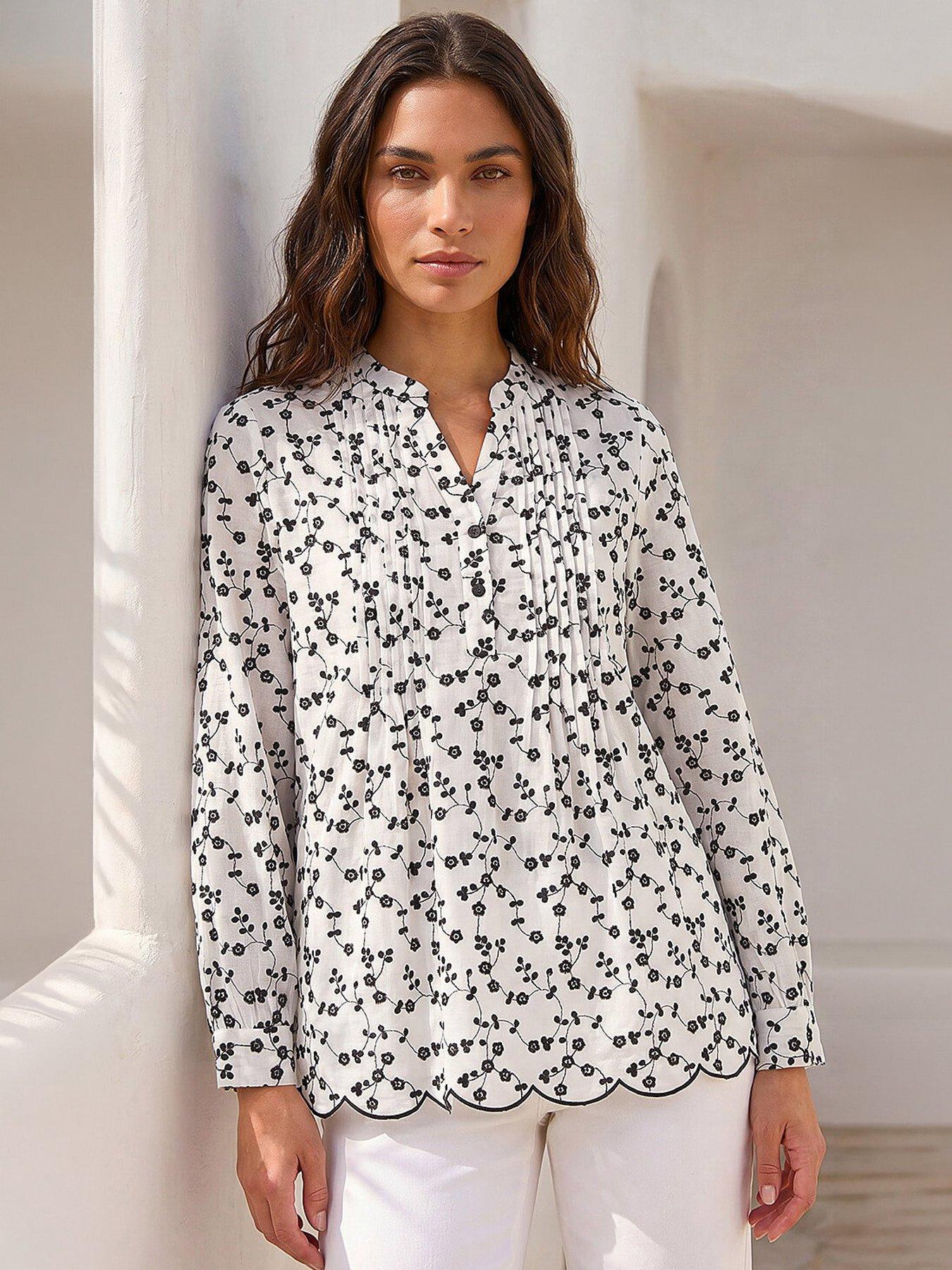Roman Floral Embroidered Pintuck Top