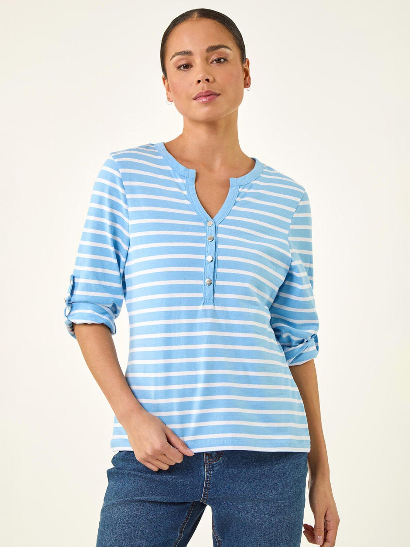 Image 1 of 5 of Roman Petite Stripe V-neck Button Top