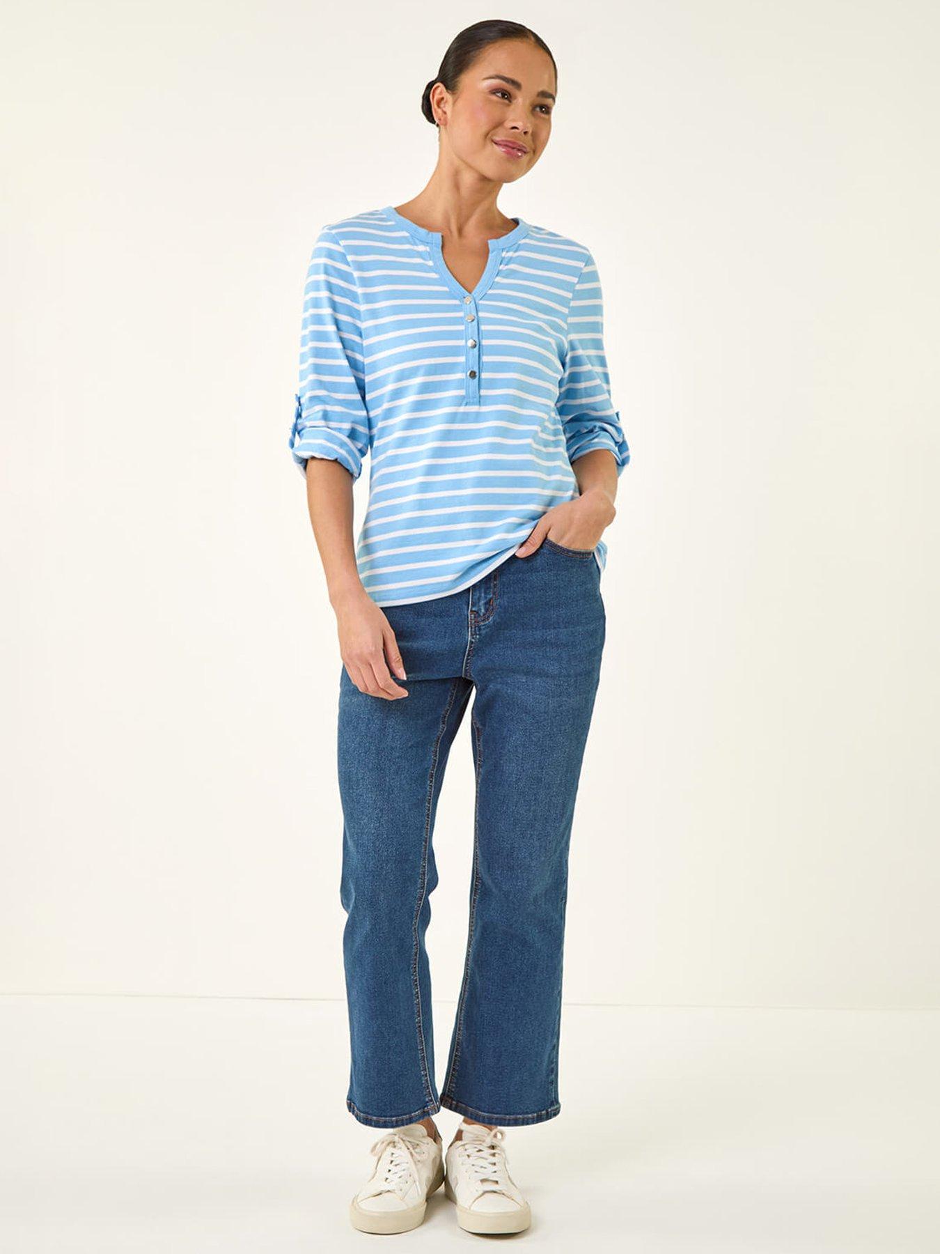 Image 3 of 5 of Roman Petite Stripe V-neck Button Top