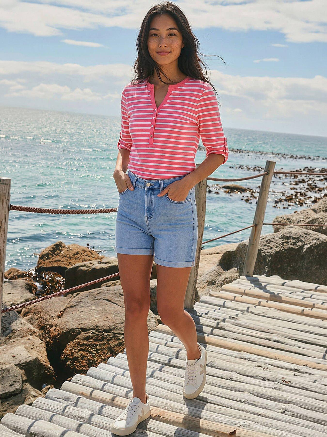  image of roman-petite-stripe-v-neck-button-top