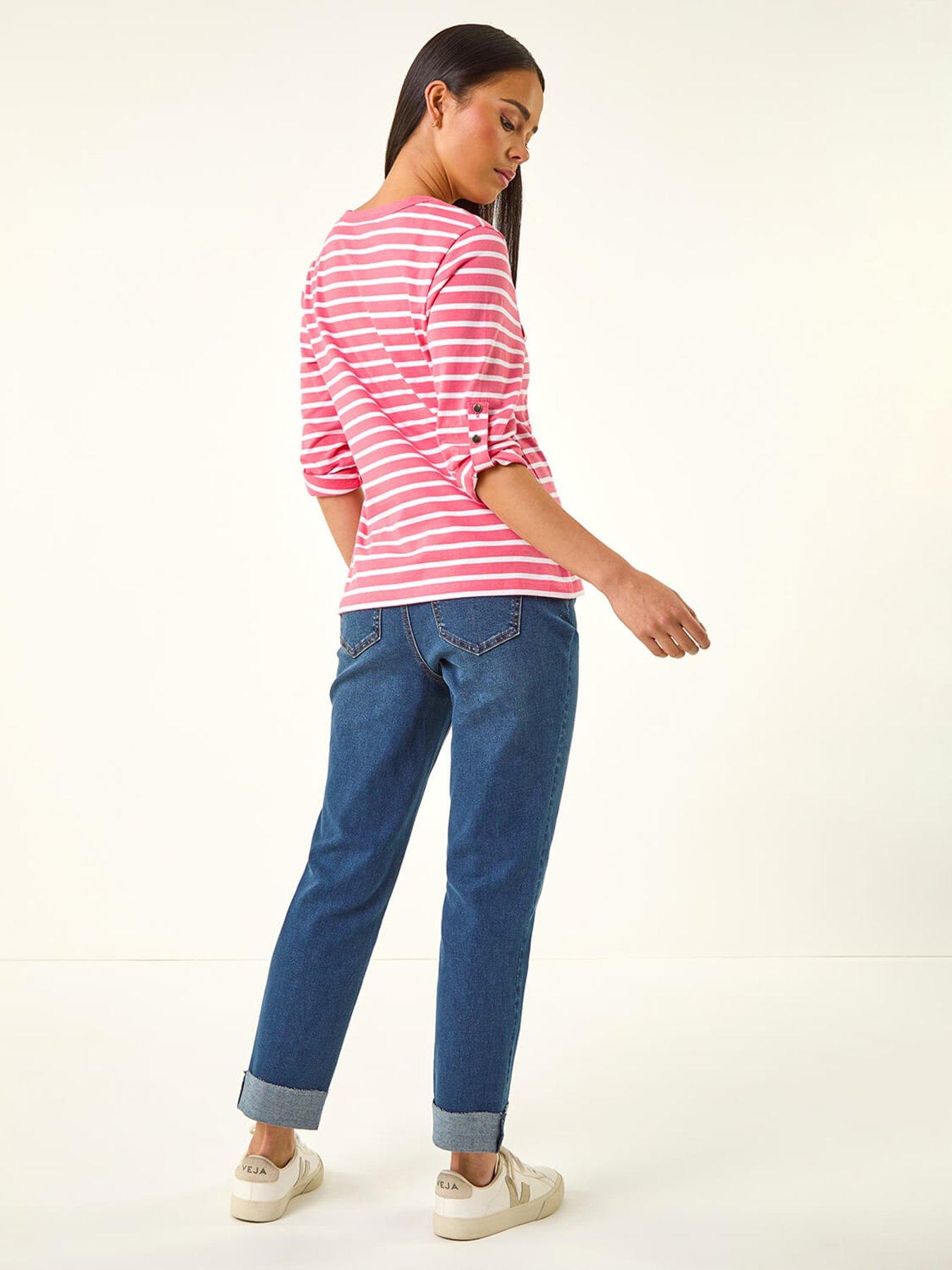  image of roman-petite-stripe-v-neck-button-top