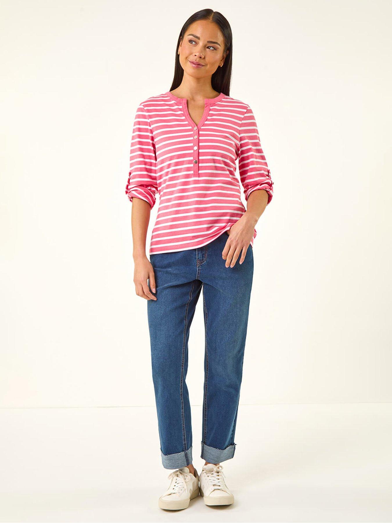  image of roman-petite-stripe-v-neck-button-top