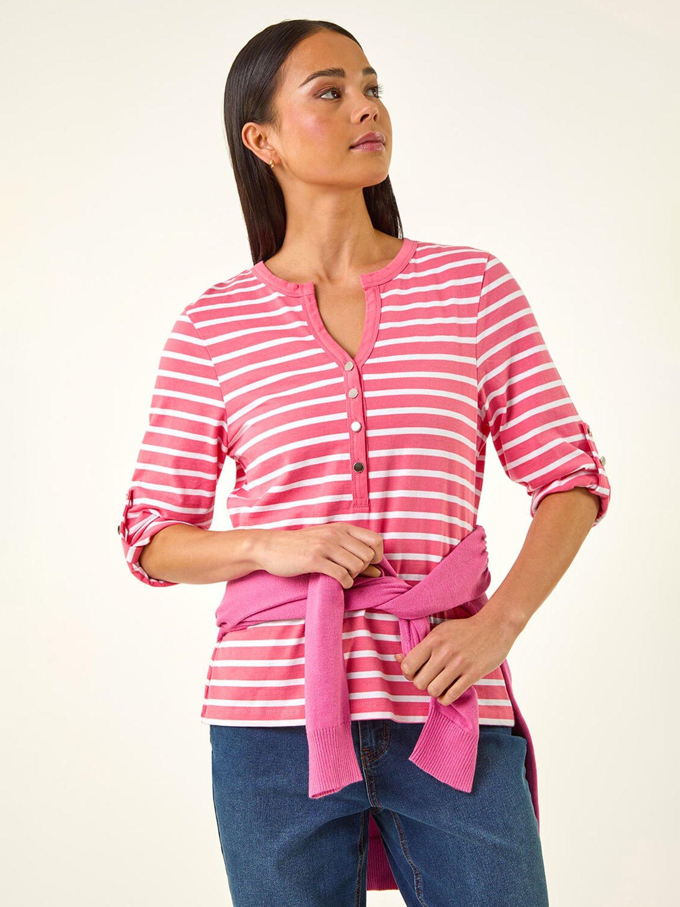  image of roman-petite-stripe-v-neck-button-top