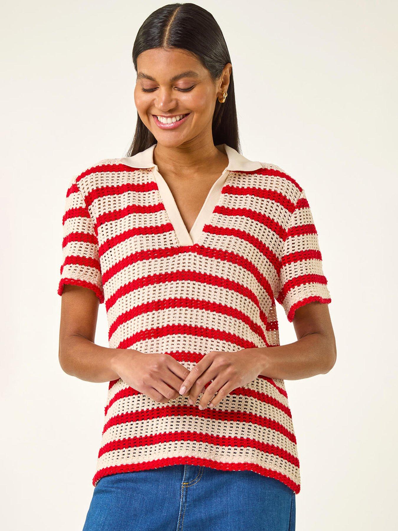  image of roman-stripe-crochet-collar-knit-top
