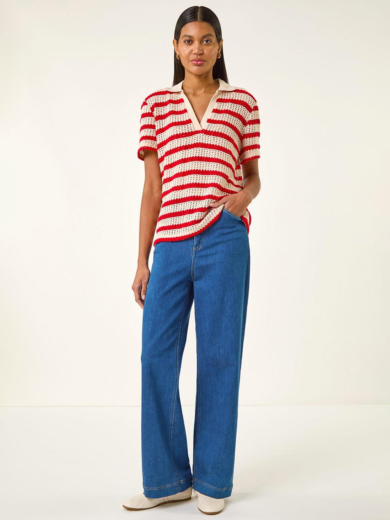  image of roman-stripe-crochet-collar-knit-top